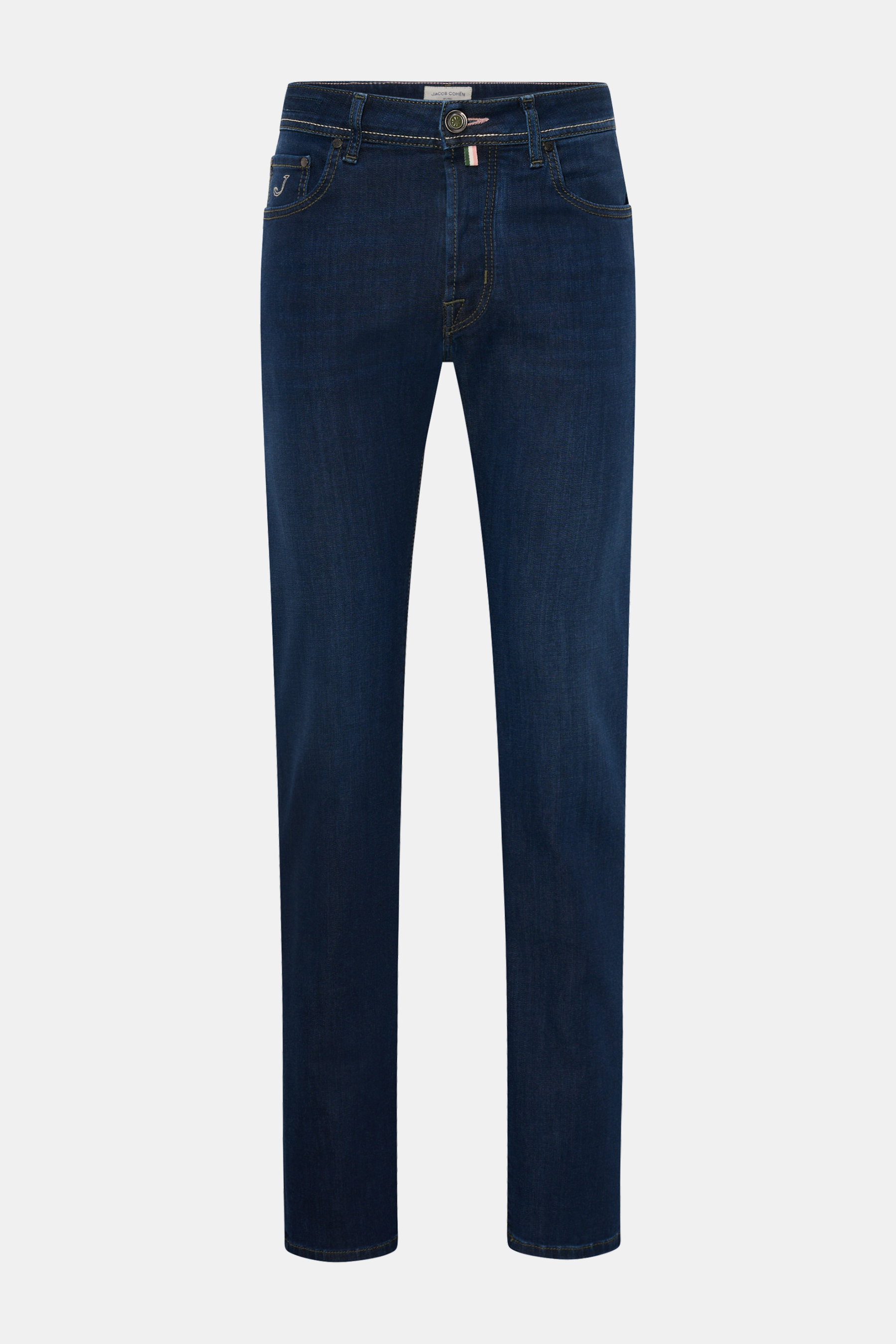 Jacob Cohen Jeans 'Bard' navy, frontale Ansicht, Slim Fit, schmal zulaufend, Denim aus Baumwolle, Lyocell, Microfaser, Button Fly, Five-Pocket, Münztasche mit Initial, Gesäßtaschen mit Stitching, Leather Patch Ponyfell-Optik, leicht elastisch, weicher Gri