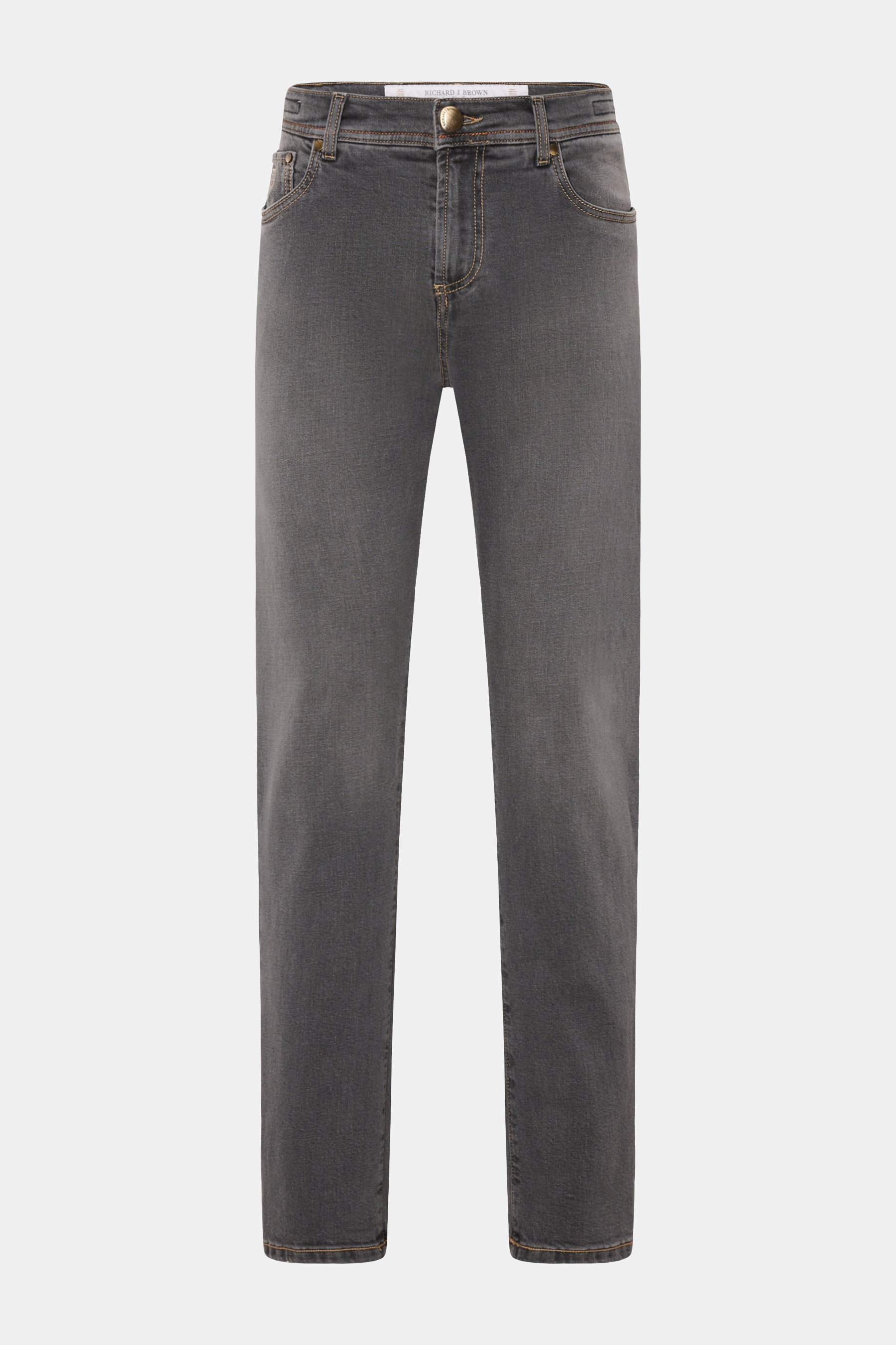 Richard J. Brown Jeans 'Milano' dunkelgrau, Frontansicht, Slim Fit, Five-Pocket-Stil, Denim aus Baumwolle und Cashmere, weich, leicht elastisch, schmal zulaufend, Reißverschluss, Bundknopf, Münztasche mit Logo-Stitching, Leather Patch.