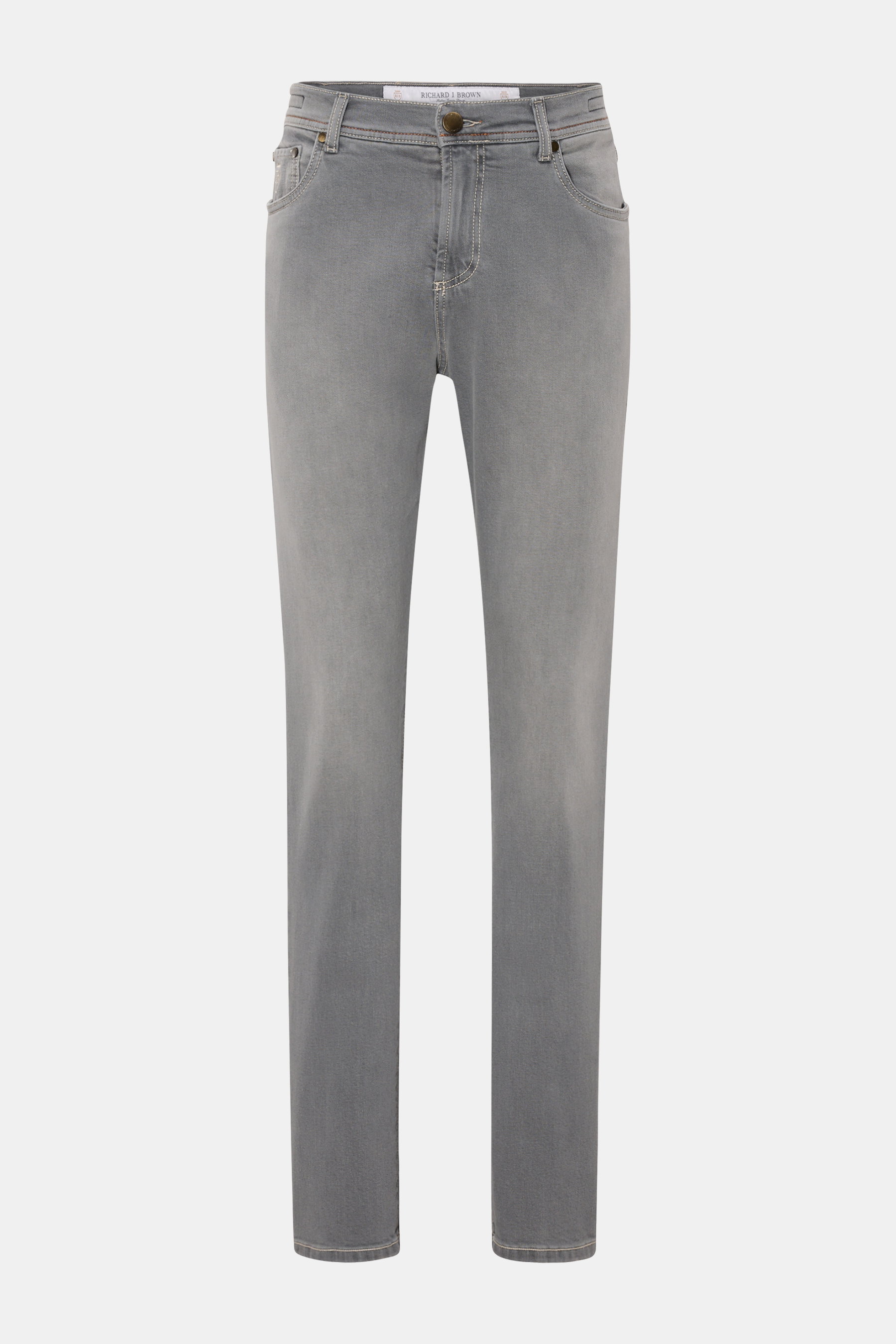 Richard J. Brown Jeans 'Milano' grau, Frontansicht, Slim Fit, Five-Pocket-Stil, Denim aus Baumwolle und Cashmere, elastisch, mit Reißverschluss, Bundknopf, Münztasche mit Logo-Stitching und Leather Patch.