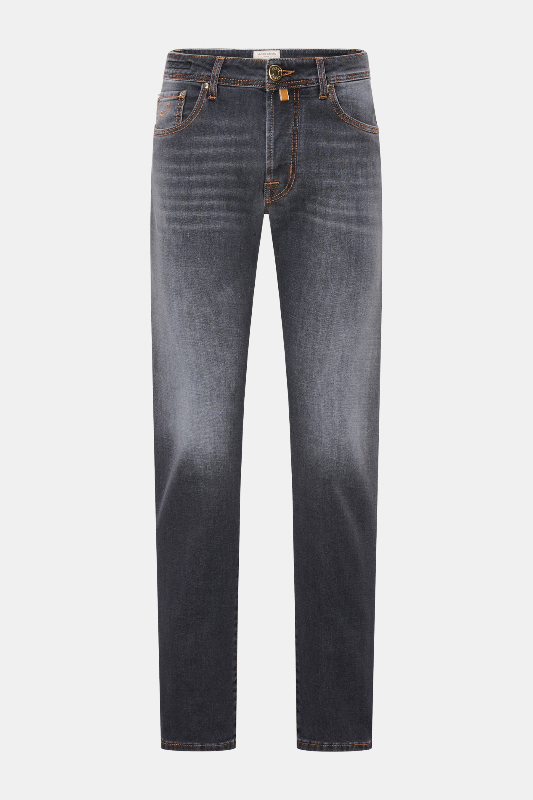 Jacob Cohen Jeans 'Bard' grau in Slim Fit, frontal fotografiert, mit Baumwoll-Microfaser-Mischung, Used-Waschung, leichter Stretch, Button Fly.