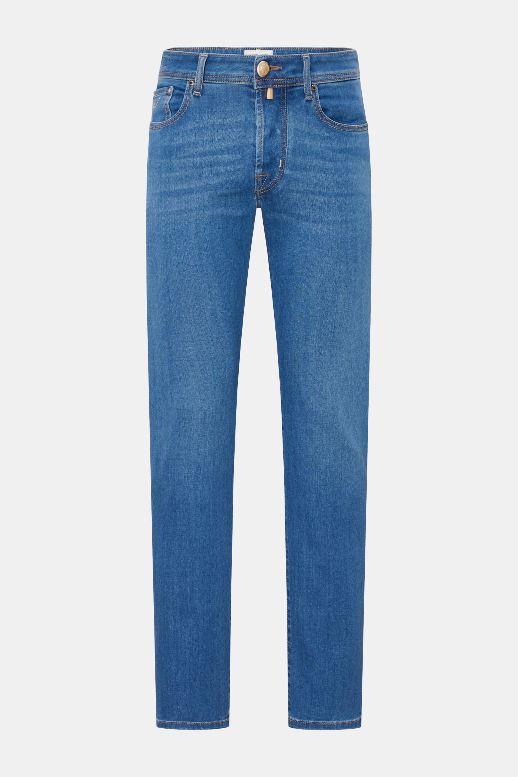 Jacob Cohen Jeans 'Bard' blau, Slim Fit, leicht schmal zulaufend, Button Fly, Five-Pocket-Stil, Vorderansicht, weicher Griff, Premium-Mix aus Viskose, Baumwolle, Lyocell.