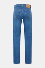 Back view of Jacob Cohen Jeans 'Bard' blau, modern luxury with slim fit, soft mix fabric, button fly, five-pocket style, stitching, and leather patch.