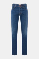 Front view of Jacob Cohen Jeans 'Bard' rauchblau in slim fit, elastic cotton denim with soft feel, light used wash, button fly, five-pocket style, coin pocket with initial, back pockets with stitching, and leather patch; modern luxury for everyday wear.