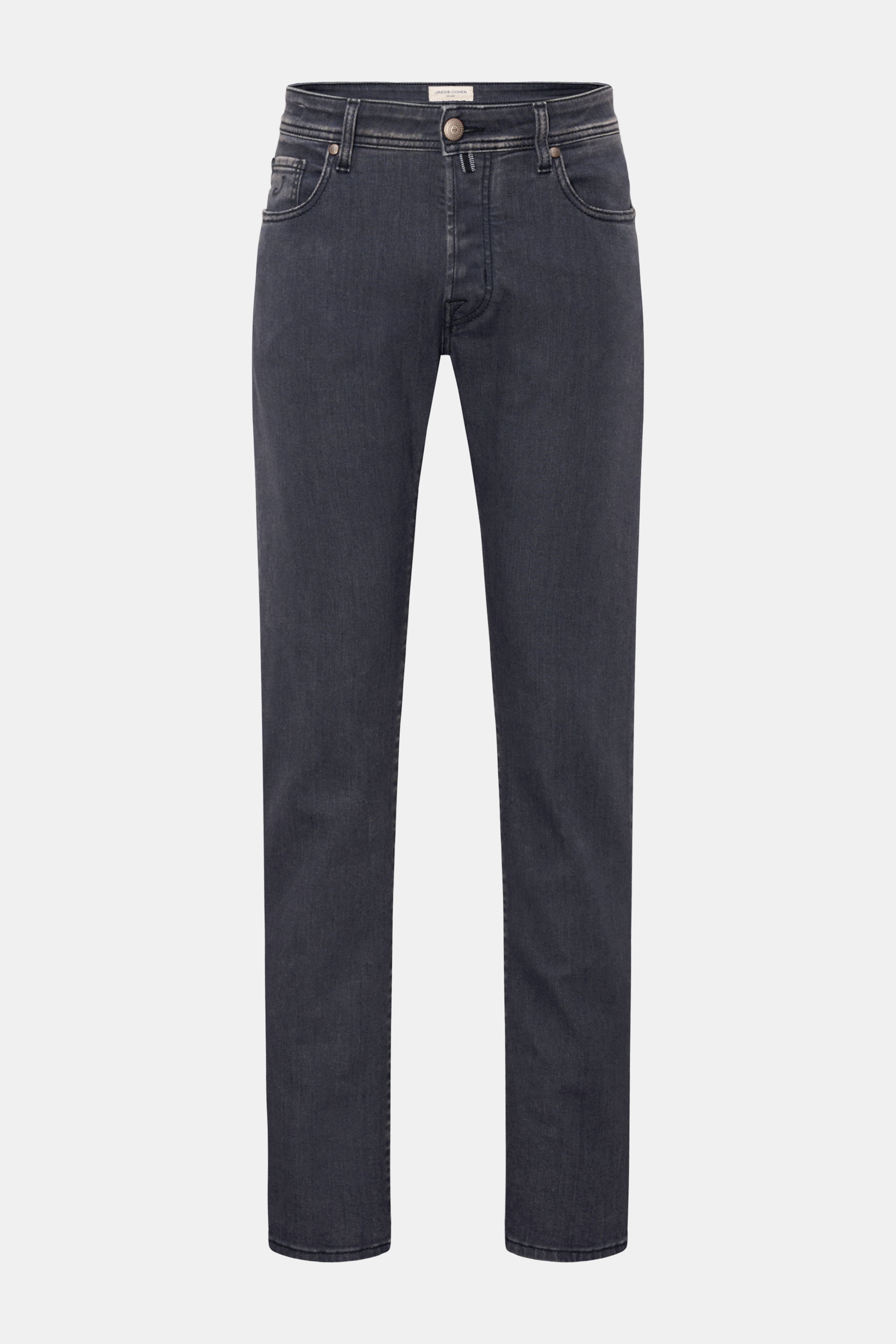 Jacob Cohen Jeans 'Bard' dunkelgrau, Slim Fit, elastischer Denim, Button Fly, Five-Pocket-Stil, frontal fotografiert, moderner Luxus.