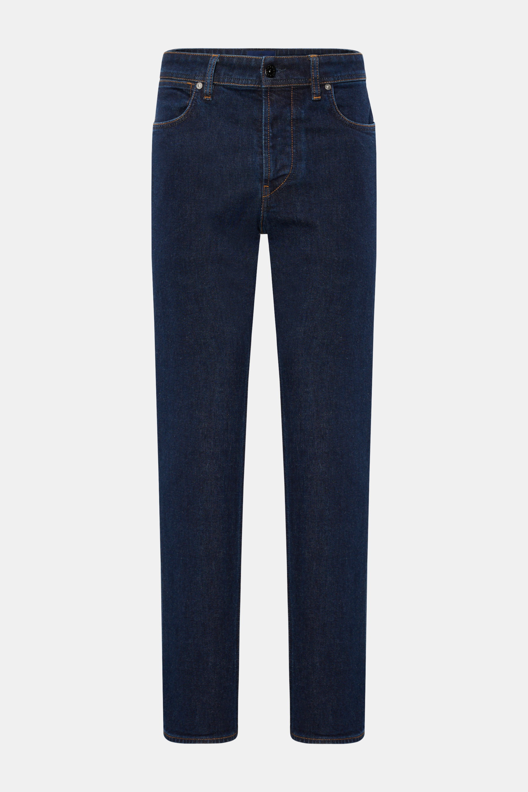 Stone Island Jeans 'Stretch Indigo Denim - Rinsed' dunkelblau, Slim Fit, schmal zulaufend, Button Fly, Five-Pocket-Stil, Kompass-Badge, frontale Produktansicht.