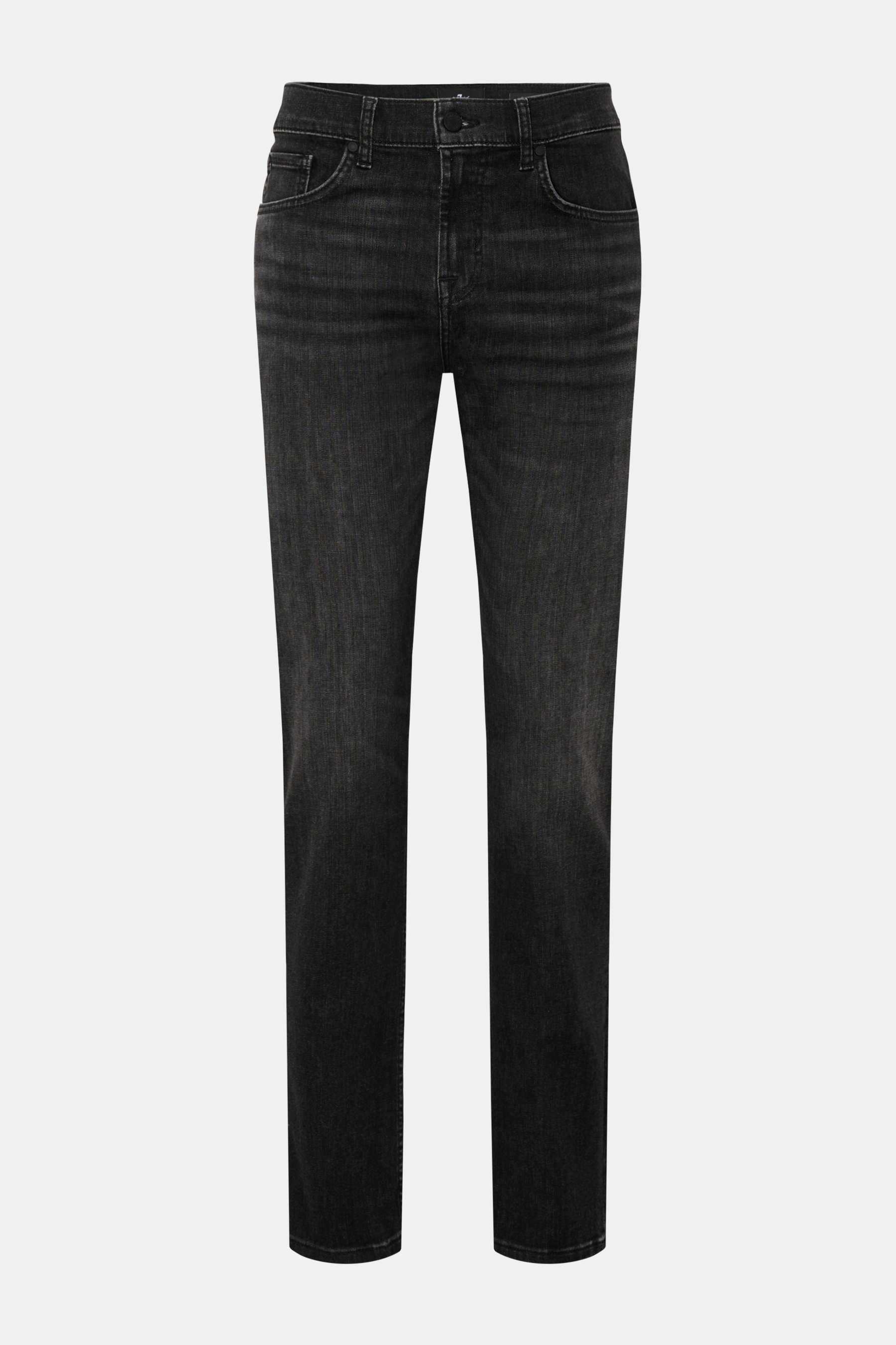 7 for all mankind Jeans 'Slimmy' dunkelgrau, Slim Fit, schmal zulaufend, leichte Used-Waschung, Zip Fly, Five-Pocket, Frontansicht.
