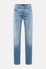 Front view of 7 for all mankind Jeans 'Slimmy' rauchblau, slim fit with slight taper, light cotton-microfiber blend, subtle used wash, zip fly, five-pocket style with stitched back pockets and small waistband label. Mit sieben Jeans kommt der Mensch gut d