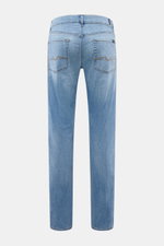 Back view of 7 for all mankind Jeans 'Slimmy' rauchblau in slim fit with slight taper, subtle used wash, five-pocket style, stitch details, zip fly, cotton-microfiber blend, and small waistband label. <p>Mit sieben Jeans kommt der Mensch gut durchs Leben 