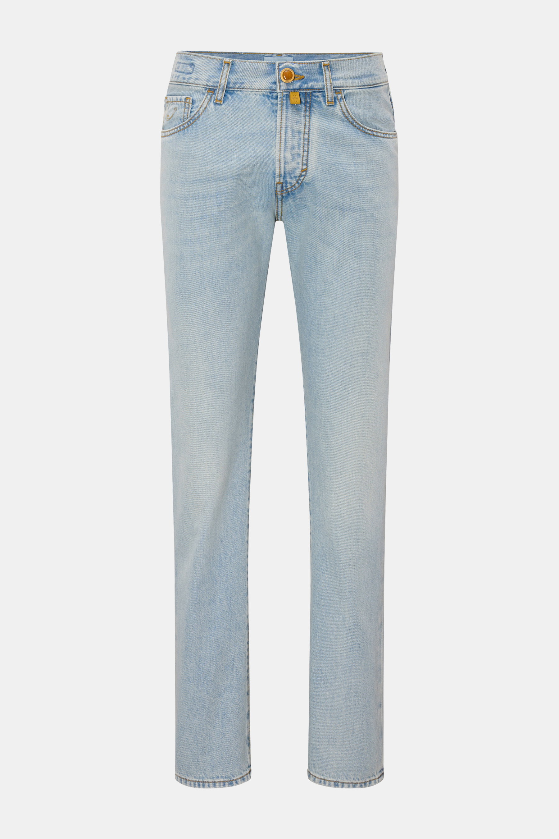 Jacob Cohen Jeans 'Edo' hellblau, frontal fotografiert, Slim Fit, knöchellang, leichter Denim mit dezenter Used-Waschung, Button Fly.