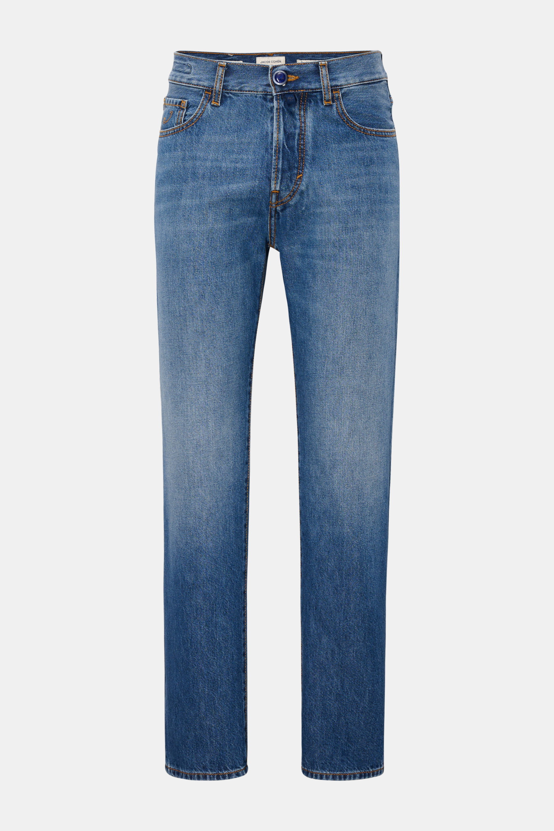 Jacob Cohen Jeans 'Edo' dunkelblau, Slim Fit, knöchellang mit dezenter Used-Waschung, Baumwoll-Lyocell-Denim, gerade Schnitt, Frontansicht.