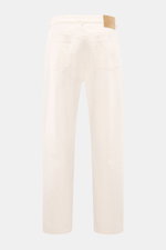 Ami Paris Jeans 'Large Fit' offwhite in Loose Fit, gerader Schnitt, reine Baumwolle, Button Fly, Five-Pocket-Stil, aus hinterer Perspektive mit Logo-Patch.