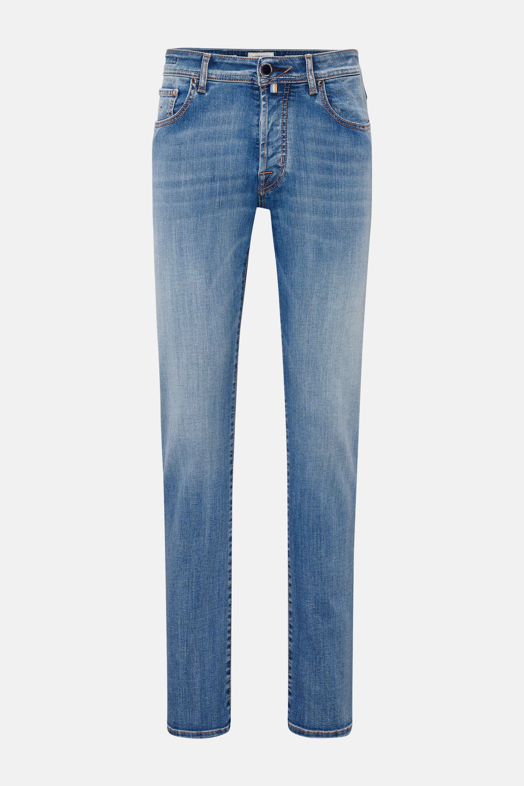 Jacob Cohen Jeans 'Bard' graublau, Slim Fit Denim aus Baumwolle mit elastischer Qualität, softer Griff, Used-Waschung, frontal fotografiert.