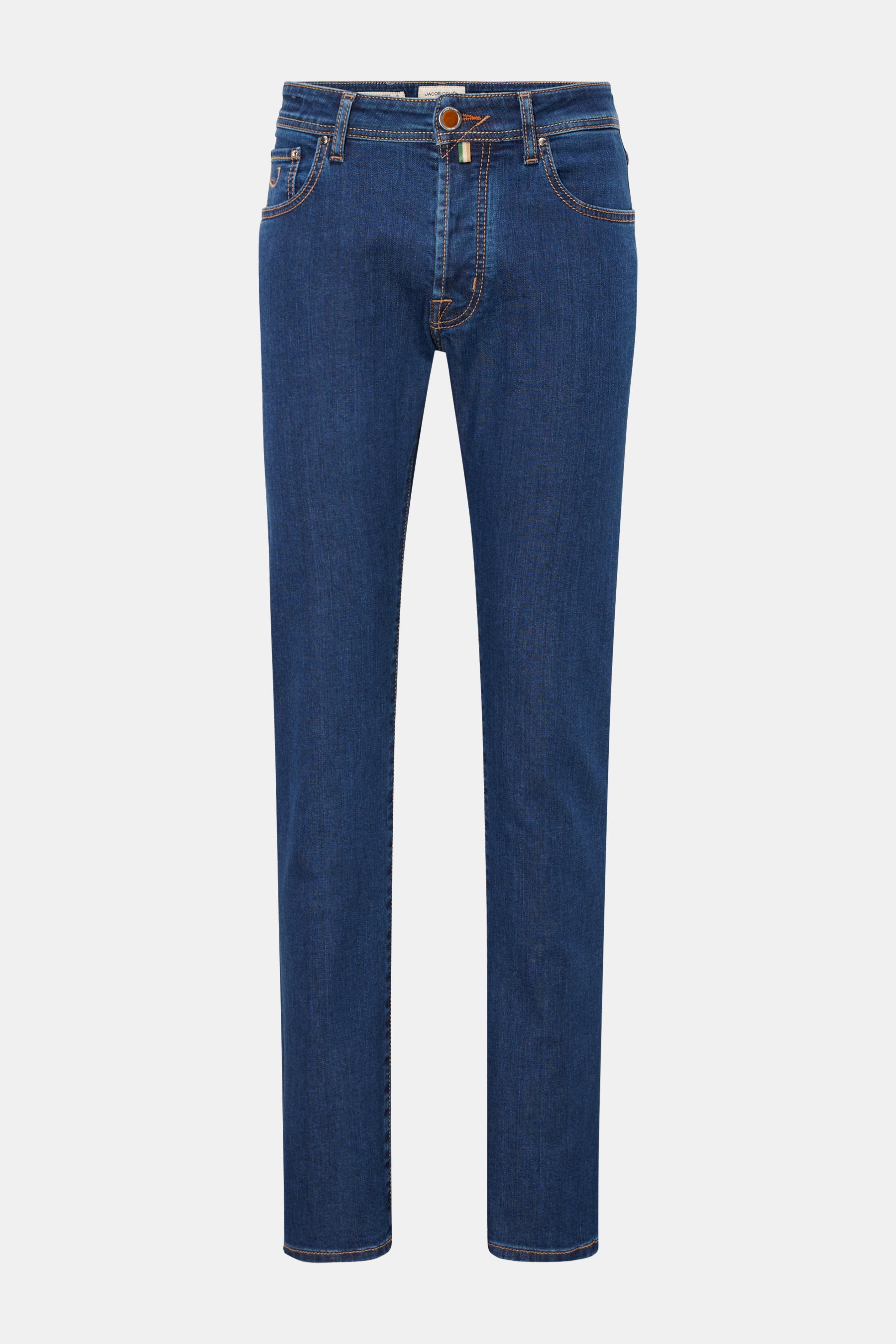 Jacob Cohen Jeans 'Bard' navy, Frontansicht, Slim Fit Denim mit softer Haptik, elastischer Baumwolle, Used-Waschung und Porsche-Patch hinten.