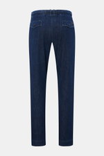 Moorer Jeans 'Wilton' dunkelblau shown from the back, made from soft, lightweight Japanese denim with tapered fit, buttoned back pockets.