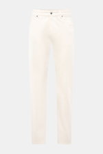 Front view of Moorer Jeans 'Milton' off-white in stretchy cotton denim with a soft feel, subtle used wash, regular straight cut fit, button fly, five-pocket style, coin pocket with embroidered logo, back pockets with stitching, and leather patch, perfect 