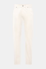 Front view of Moorer Jeans 'Milton' off-white in stretchy cotton denim with a soft feel, subtle used wash, regular straight cut fit, button fly, five-pocket style, coin pocket with embroidered logo, back pockets with stitching, and leather patch, perfect 