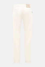 Moorer Jeans 'Milton' off-white shown from the back, casual stretchy cotton denim with soft feel, subtle used wash, regular fit, straight cut, button fly, five-pocket style including coin pocket with embroidered logo, back pockets with stitching, and leat