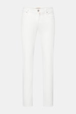 Jacob Cohen Jeans 'Bard' offwhite in Slim Fit, Five-Pocket-Stil, Button Fly, tonales Stitching und Kalbsfell-Patch, frontale Sicht.