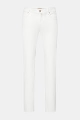 Jacob Cohen Jeans 'Bard' offwhite in Slim Fit, Five-Pocket-Stil, Button Fly, tonales Stitching und Kalbsfell-Patch, frontale Sicht.