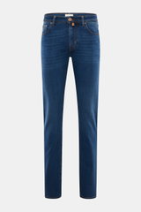 Jacob Cohen Jeans 'Bard' blau, Slim Fit mit authentischer Used-Waschung, Button Fly, Five-Pocket-Stil und Leder-Patch, Frontperspektive.
