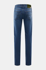 Jacob Cohen Jeans 'Bard LTD' dunkelblau Rückansicht, Slim Fit, Selvedge-Denim, Kalbfell-Patch, Used-Waschung, Five-Pocket-Stil, Button Fly, limitierte Edition.