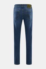 Jacob Cohen Jeans 'Bard' dunkelblau von hinten, Slim Fit, mit gemustertem Kalbfell-Patch in Hahnentritt, Five-Pocket-Stil, dezente Used-Waschung.