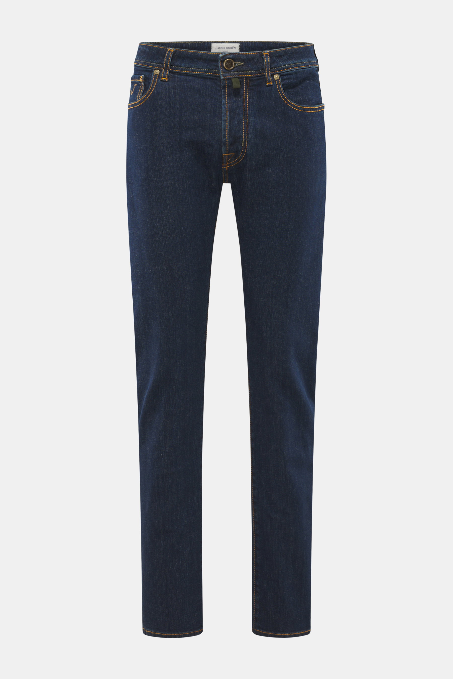 Front view of Jacob Cohen Jeans 'Bard' dark blue slim fit tapered jeans with button fly, elastic cotton denim, five-pocket style, leather patch, and signature stitching. 

Description: <p>Embrace modern luxury in everyday life: The premium jeans 'Bard' by