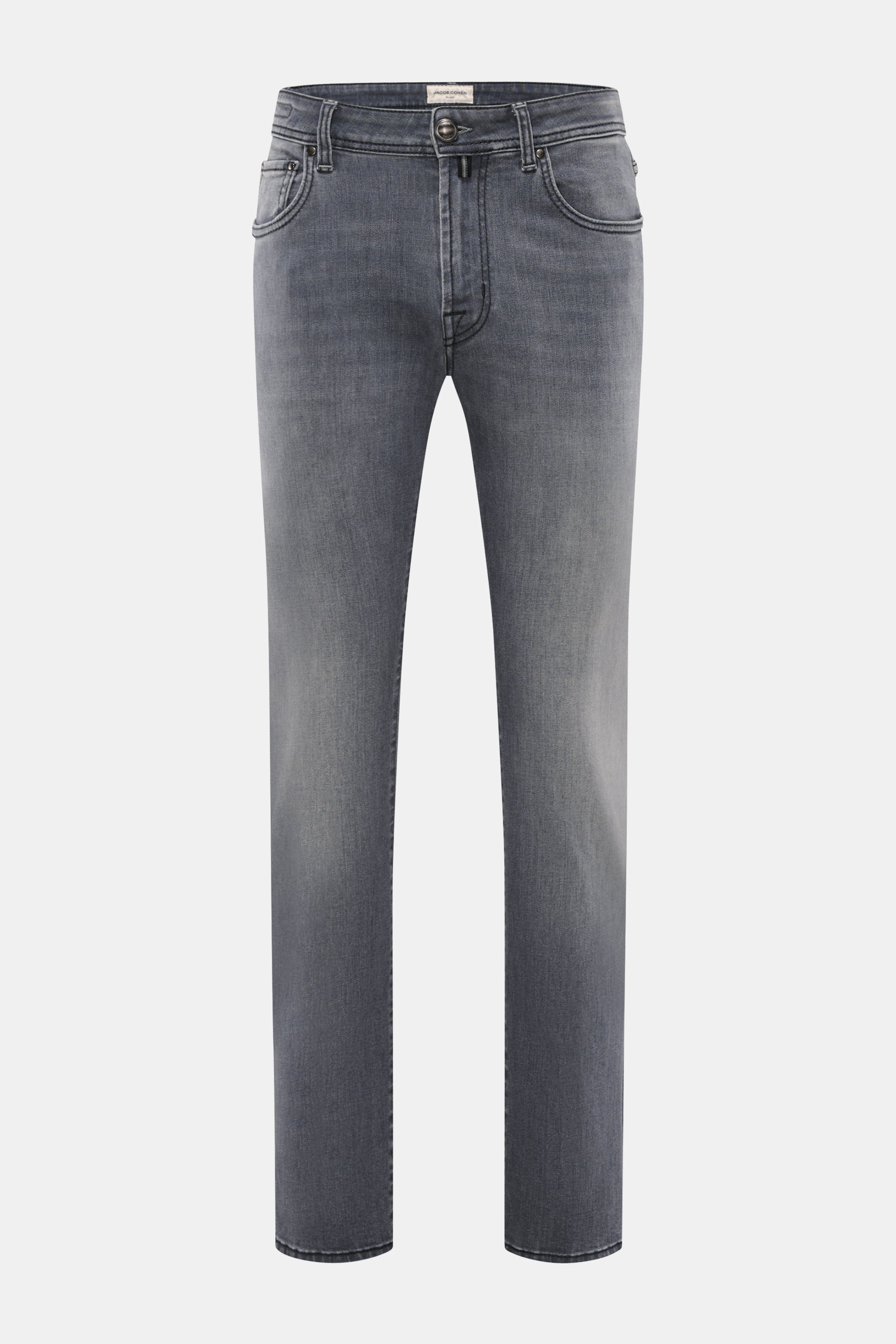 Jacob Cohen Jeans 'Bard Fast' grey im Slim Fit, schmal zulaufend, Frontansicht, elastischer Baumwoll-Denim mit Used-Waschung, Button Fly, Five-Pocket, Leather Patch.