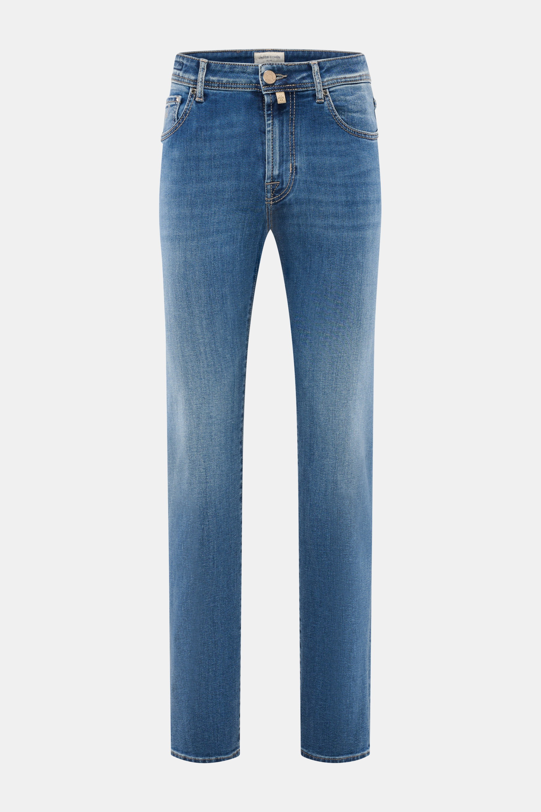 Jacob Cohen Jeans 'Bard Fast' graublau, Slim Fit, elastisch, softer Denim mit Used-Waschung, Button Fly, Five-Pocket, Vorderansicht.