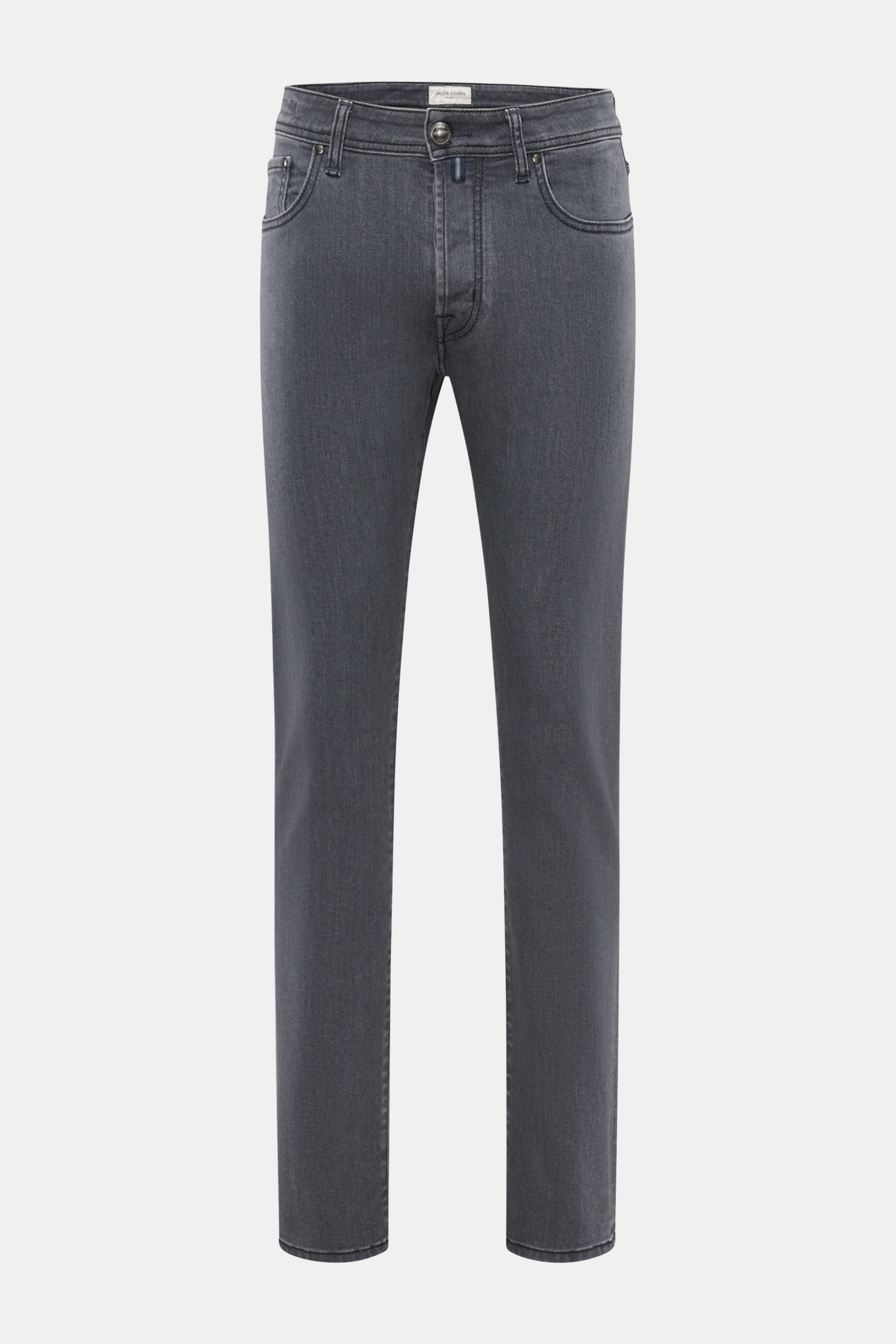 Jacob Cohen Jeans 'Bard' grau, Frontansicht, Slim Fit, elastischer Baumwoll-Denim mit Used-Waschung, Button Fly, Five-Pocket, Leather Patch.