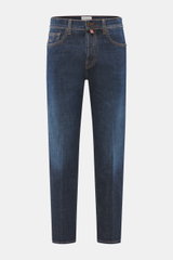 Front view of Jacob Cohen Jeans 'Jude' dark blue in slightly elastic cotton denim with raw design, contrasting seams, button fly, and leather patch.