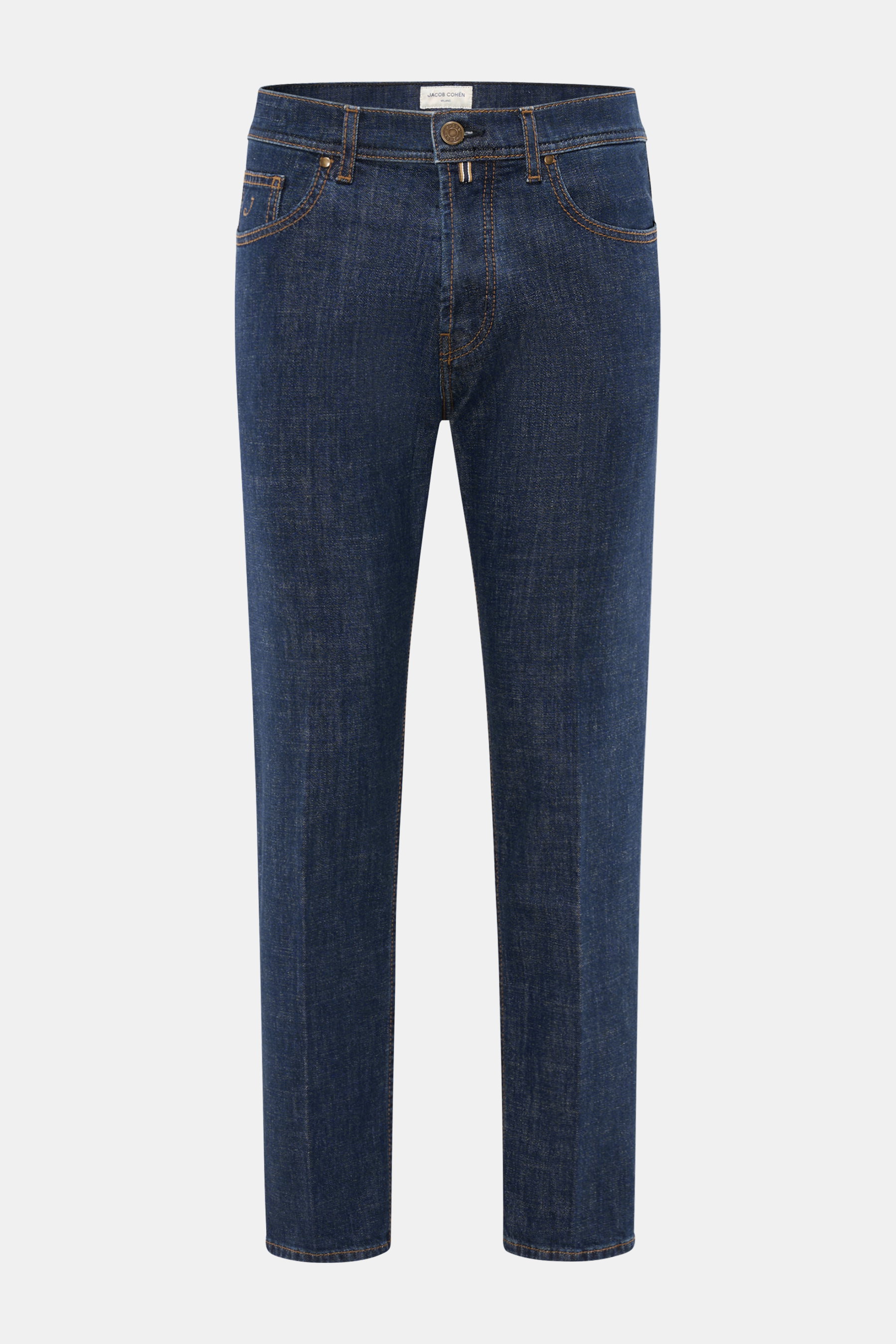 Jacob Cohen Jeans 'Jude' navy, frontale Nahaufnahme, Tapered Fit, raw Denim, Five-Pocket-Stil, Leather Patch, kontrastierende Nähte, leicht elastisch, knöchellang.