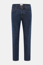 Front view of Jacob Cohen Jeans 'Jude' navy in slightly elastic cotton denim with contrasting seams, button fly, five-pocket style, and leather patch.