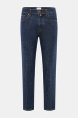 Front view of Jacob Cohen Jeans 'Jude' navy in slightly elastic cotton denim with contrasting seams, button fly, five-pocket style, and leather patch.