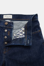 Close-up front view of Jacob Cohen Jeans 'Jude' navy showing button fly, contrasting seams, and signature leather patch on slightly elastic cotton denim.  

With JACOB COHEN, you are always right when it comes to modern luxury in everyday life: The premiu