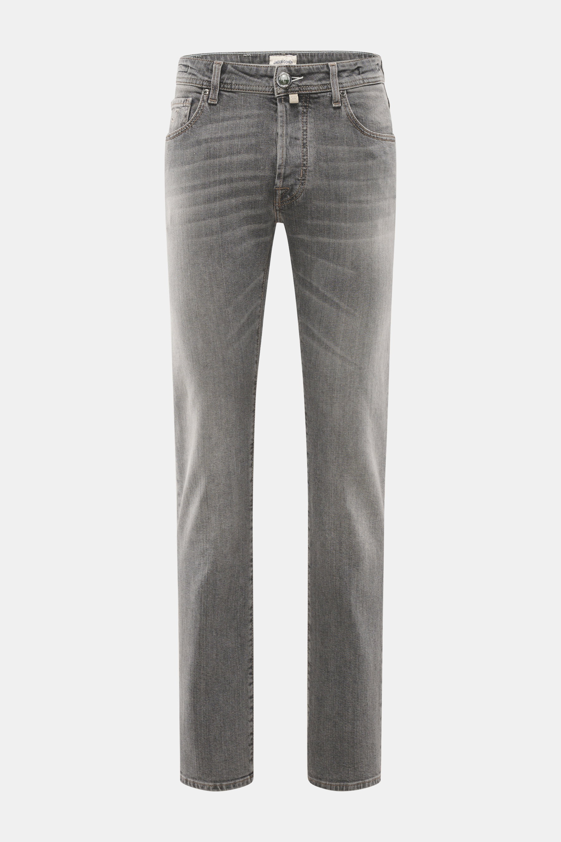Jacob Cohen Jeans 'Bard' grau, Frontansicht, Slim Fit, Button Fly, Five-Pocket, Baumwolle, elastisch, Patch mit Auto und Tannenbaum, Après Ski Sammlerstück.