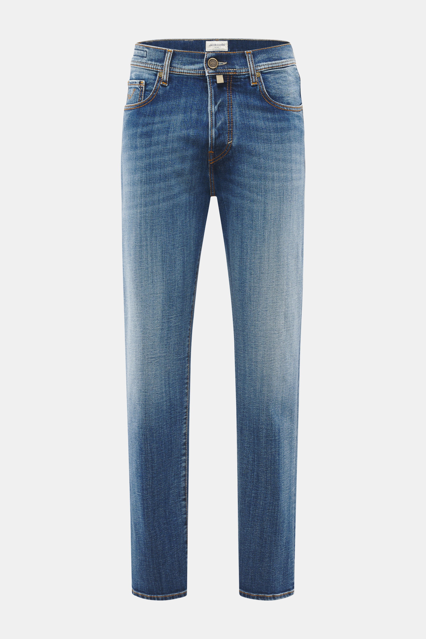 Jacob Cohen Jeans 'Edo' graublau, gerade geschnitten, Regular Fit, aus Baumwoll-Denim mit Used-Waschung, Frontansicht, Five-Pocket-Stil.