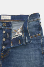 Jacob Cohen Jeans 'Edo' graublau, Nahaufnahme der geöffneten Bund- und Knopfleiste, Denim mit Used-Waschung, Baumwolle, Regular Fit.