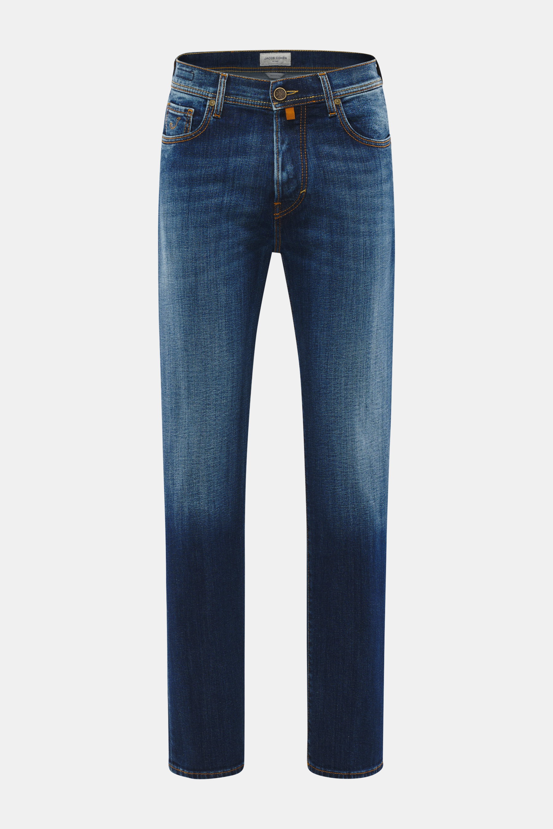 Jacob Cohen Jeans 'Edo' dunkelblau, Frontansicht, Regular Fit mit authentischer Used-Waschung, Baumwoll-Denim, leichter Stretch, Five-Pocket-Stil.