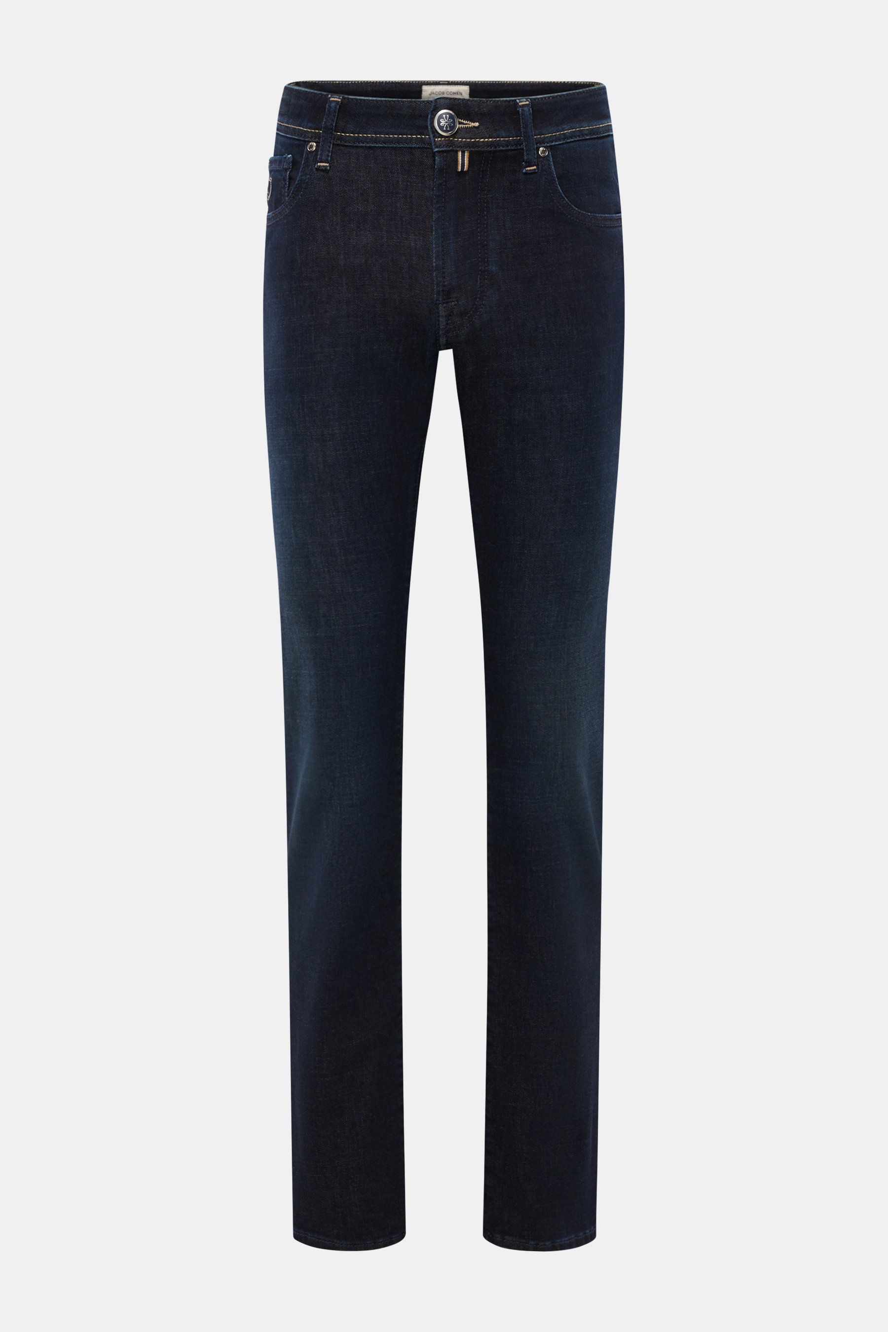 Front view of Jacob Cohen Jeans 'Bard Fast' navy in soft, elastic denim with subtle used wash, slim tapered fit, button fly, five pockets, coin pocket with initial, back pockets with stitching, and distinctive leather patch.