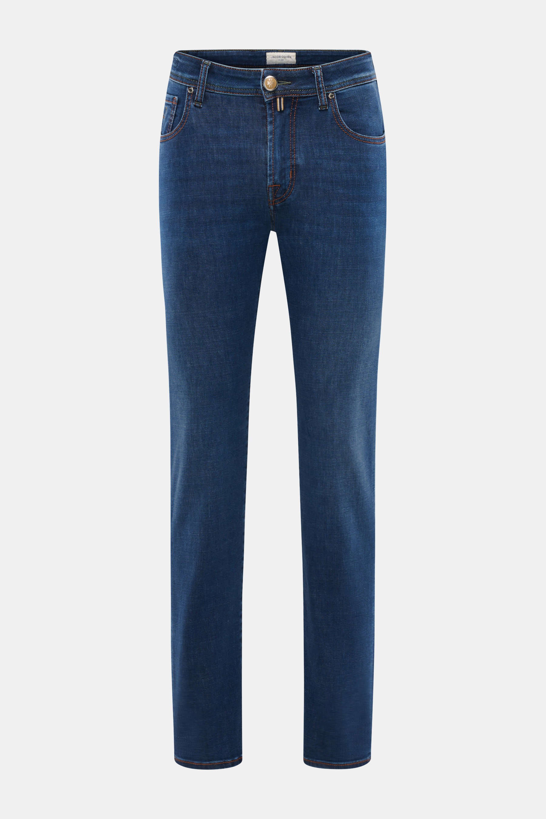 Front view of Jacob Cohen Jeans 'Bard Fast' dark blue slim fit with narrow tapering, soft cotton-lyocell denim, subtle used wash, button fly, five-pocket style, coin pocket with initial, back pockets with stitching, and leather patch in pony hair look.