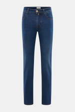 Jacob Cohen Jeans 'Bard Fast' dunkelblau, Slim Fit, schmal zulaufend, Frontansicht, elastischer Denim mit Used-Waschung, Leather Patch.