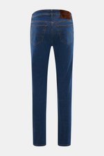 Jacob Cohen Jeans 'Bard Fast' dunkelblau, Rückansicht, Slim Fit, softer Denim mit Used-Waschung, Leather Patch in Ponyfell-Optik, Five-Pocket-Stil.