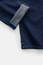 Jacob Cohen Jeans 'Bard' navy, Detailaufnahme von innen am Beinumschlag, Denim mit weichem Griff und Used-Effekten, Slim Fit.