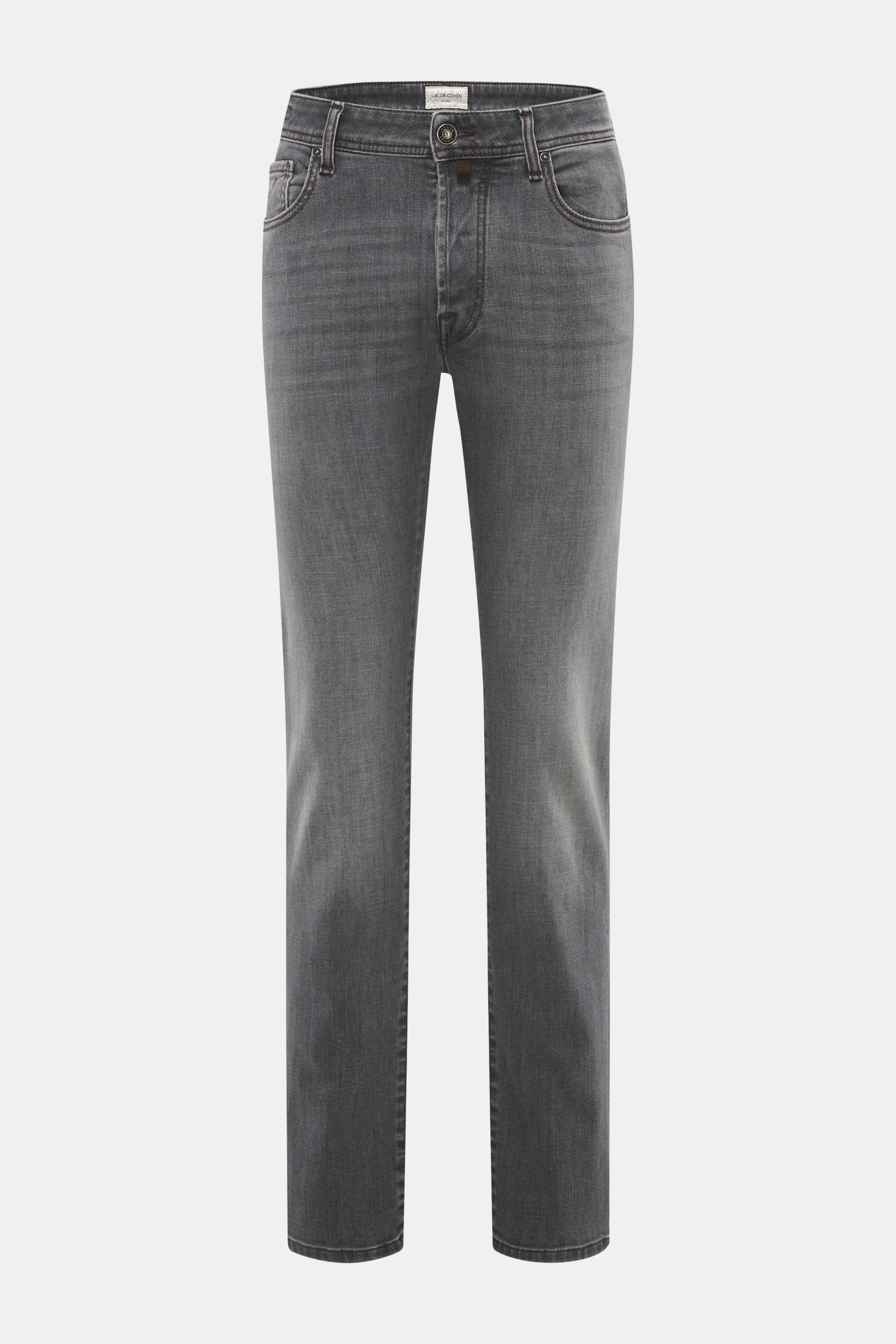Front view of Jacob Cohen Jeans 'Bard' grey, slim fit stretchy cotton denim with button fly, five-pocket style, soft feel, slightly tapered cut.