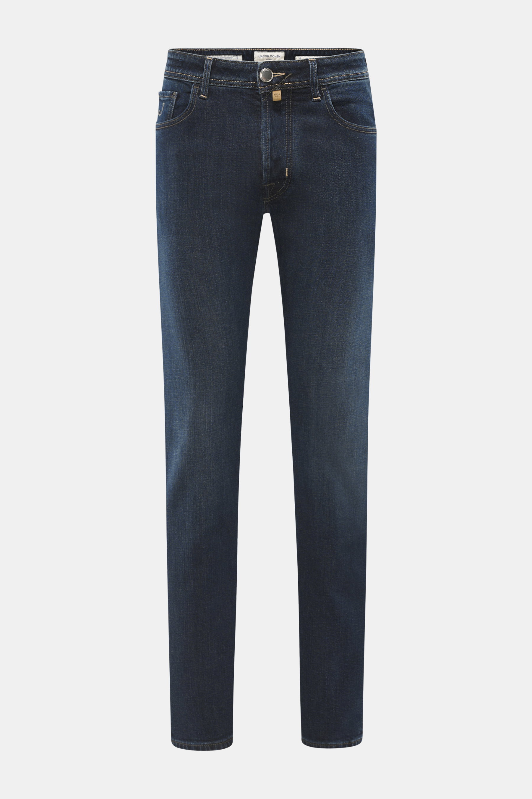 Front view of Jacob Cohen Jeans 'Bard Fast' navy, slim fit tapered premium jeans made from soft, elastic denim with subtle used wash, button fly, five-pocket style including coin pocket with initial, back pockets with stitching, and distinctive leather pa