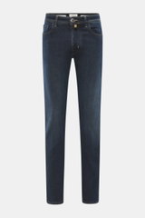 Jacob Cohen Jeans 'Bard Fast' navy, frontale Ansicht, Slim Fit, elastischer Denim mit softer Haptik, Used-Waschung, Button Fly, Five-Pocket-Stil, Leather Patch.