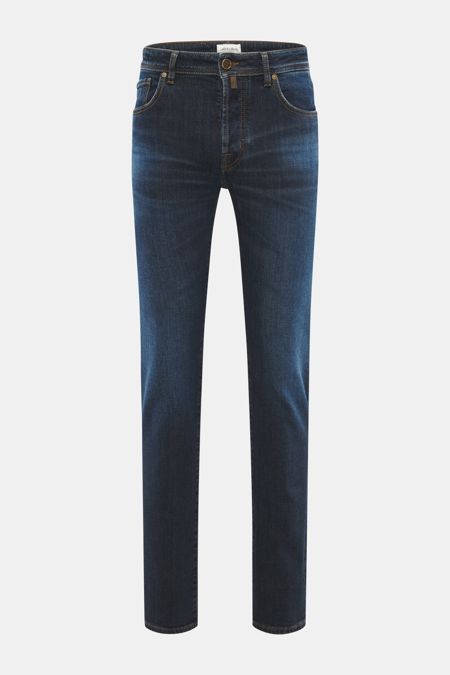 Front view of Jacob Cohen Jeans 'Bard' grey blue in slim fit with tapered legs, durable denim, slight stretch, used wash, button fly, contrast stitching.

<p>Claim style and quality with the classic Five-Pocket Jeans 'Bard' from JACOB COHEN in Slim Fit – 