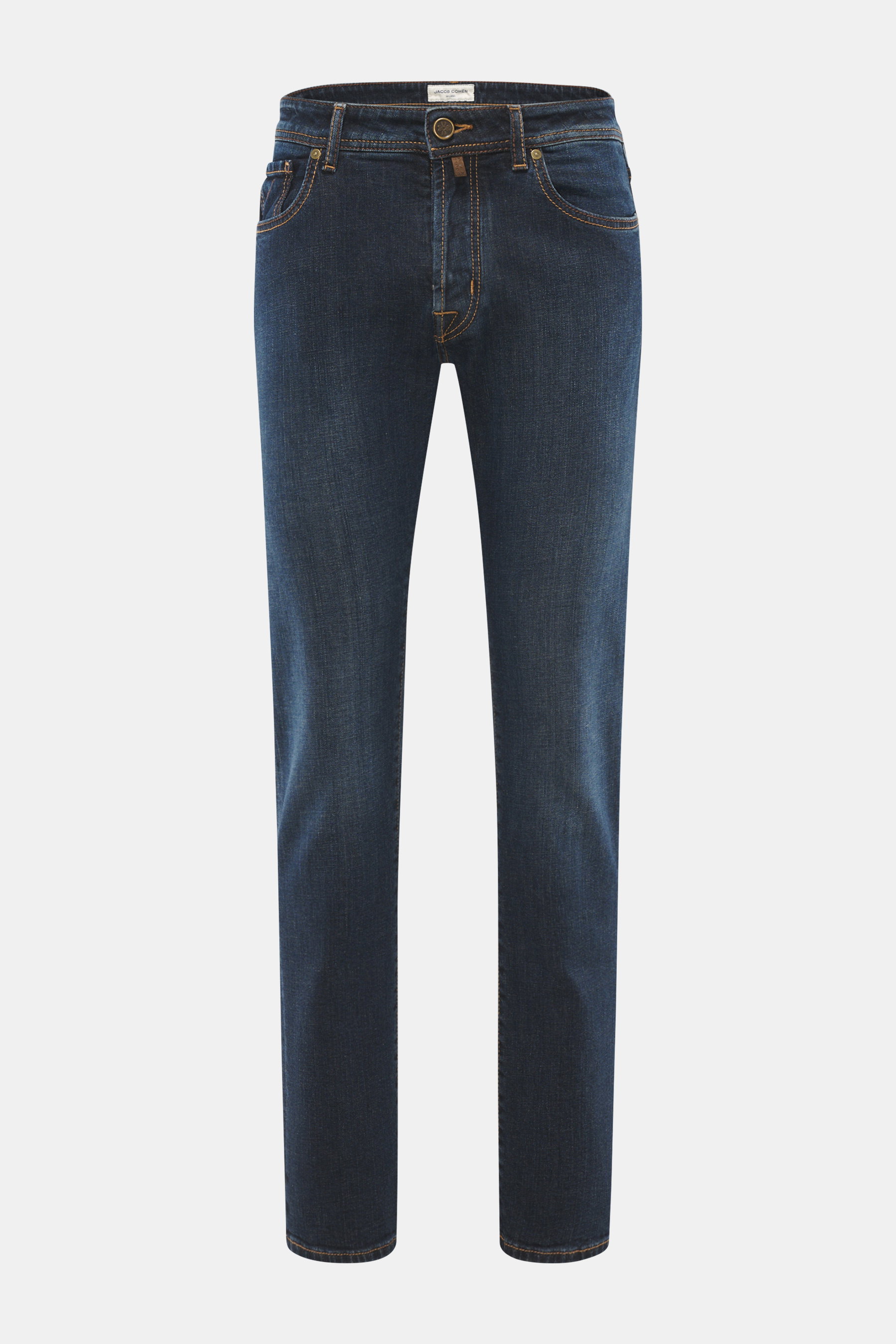 Front view of Jacob Cohen Jeans 'Bard' navy in slim, tapered fit with durable denim, contrast stitching, button fly, and leather patch.

Description:  
<p>Claim style and quality with the classic Five-Pocket Jeans 'Bard' from JACOB COHEN in Slim Fit – lux