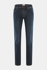 Jacob Cohen Jeans 'Bard' navy im Slim Fit, Frontansicht mit Five-Pocket-Stil, Button Fly, Used-Waschung, Lederpatch, leicht stretchiger robuster Denim.